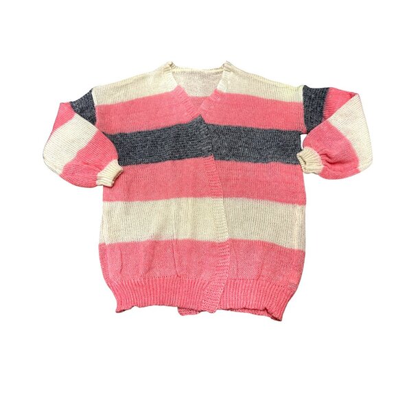 Striped Colorblock 5XL Pink Cream Gray Cardigan Sweater Striped Open Tight Knit - Picture 9 of 10
